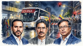 Ilustración acuarela: Abelardo de la Espriella, Iván Cepeda y Gustavo Petro en primer plano. Fondo con bus de Selección Colombia y multitud nocturna en Bogotá.
