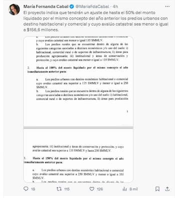 La senadora del Centro Democrático resaltó algunos puntos del polémico proyecto del Gobierno Petro - crédito Maria Fernanda Cabal / X