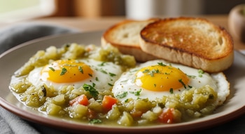 Dos huevos fritos con yemas amarillas cubiertos con salsa verde chunky y perejil picado, servidos en un plato con dos rebanadas de pan tostado.