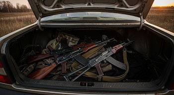 El maletero abierto de un coche gris está lleno de tres fusiles Kaláshnikov de madera y metal, con correas y cargadores, en un campo.