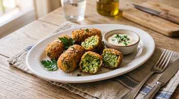 Croquetas de brócoli empanadas, algunas cortadas por la mitad, servidas en un plato ovalado blanco con un cuenco de salsa.