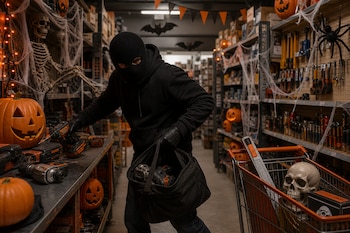 Persona con pasamontañas negro que toma herramientas de un estante en un pasillo con calabazas, esqueletos artificiales y telarañas.