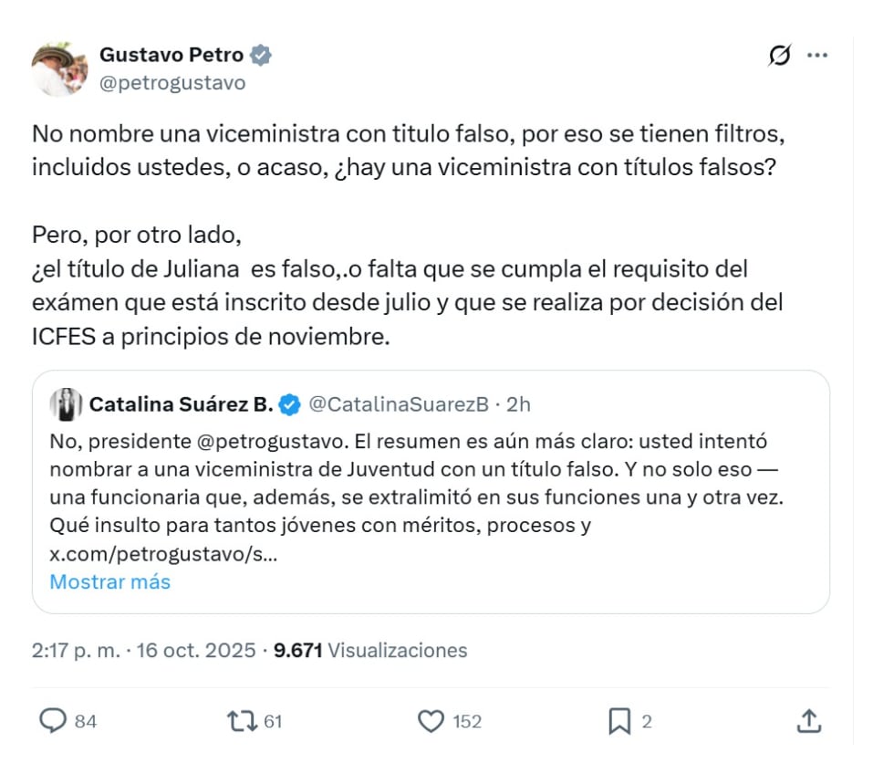 Con este mensaje, el presidente Gustavo Petro salió en defensa de Juliana Guerrero, que debía convertirse en la viceministra de Juventud - crédito @petrogustavo/X