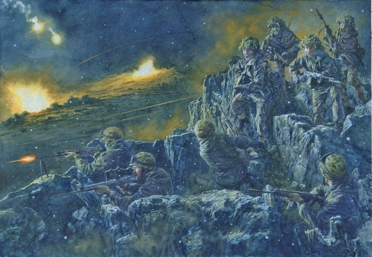 La batalla de Tumbledown, y el infierno que veía el hijo de Galarza (Cuadro de Steve Noon)