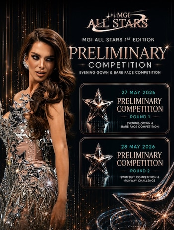 Una mujer de cabello castaño largo y un vestido brillante con adornos de estrellas posa junto a un cartel negro que anuncia el "MGI All Stars Preliminary Competition" y sus fechas