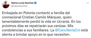 Cancillería repatriará cenizas de Cristian