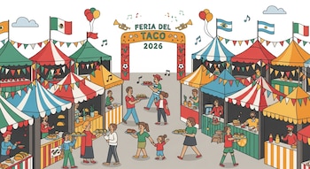 Ilustración plana de una feria de tacos al aire libre con carpas de colores, banderas de México, Argentina, Brasil, personas comiendo y un arco con 'Feria del Taco 2026'.