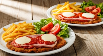 Dos milanesas de peceto a la napolitana en platos blancos, con papas fritas, lechuga y rodajas de tomate. Todo sobre una mesa de madera.