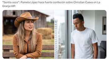 Imagen dividida: Pamela López con sombrero de vaquera y expresión de disgusto en un banco rural; Christian Cueva pensativo junto a una ventana con vista urbana.
