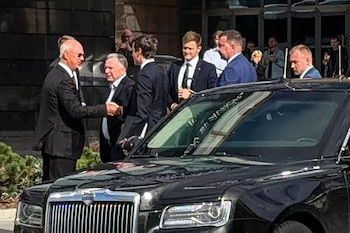 RUSSIA, MOSCOW - SEPTEMBER 5, 2026: Russia's Special Presidential Representative for Investment and Economic Cooperation with Foreign Countries/Russian Direct Investment Fund CEO Kirill Dmitriev, US President Special Envoy/US Special Envoy to the Middle East Steve Witkoff and Special Peace Envoy for Trump's Administration Jared Kushner (from L to R) are seen ouside a restaurant in Trubnaya Street. TASS