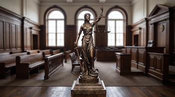 Escultura de bronce de la Señora Justicia con venda en los ojos, balanza y espada, en una sala de tribunal desenfocada.