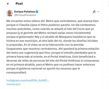 Enrique Peñalosa habla de los avances en la construcción del metro de Bogotá - crédito @EnriquePenalosa