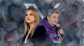 Retrato de Claudia López y Vicky Dávila, de pecho hacia arriba, espalda con espalda, frente a un fondo de acuarela oscuro con una 'X' blanca.