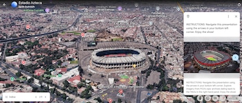 Vista aérea 3D del Estadio Azteca, edificios, calles, árboles y etiquetas de ubicación de Google Earth. Un panel lateral muestra otra imagen del estadio