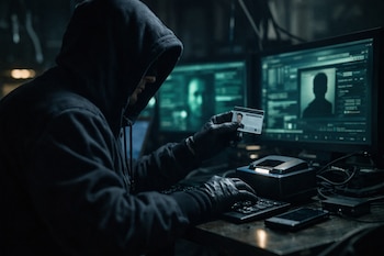 Persona encapuchada y con guantes oscuros sentada en un cuarto oscuro, sosteniendo una tarjeta de identificación y tecleando en un teclado, con pantallas de ordenador de fondo.