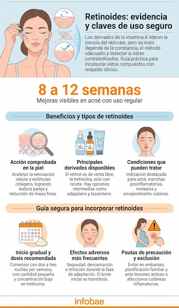 Ilustración de mujer aplicando producto en la cara, gráficos de renovación celular en la piel, botellas de sérum, calendario, cara irritada y mujer embarazada con advertencia.