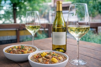 Botella de vino blanco con etiqueta borrosa, dos copas llenas y dos cuencos de guiso de lentejas sobre mesa de madera al aire libre.