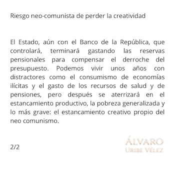 Álvaro Uribe volvió a mostrar su descontento con la reforma pensional que cursa en el Congreso - crédito red social X