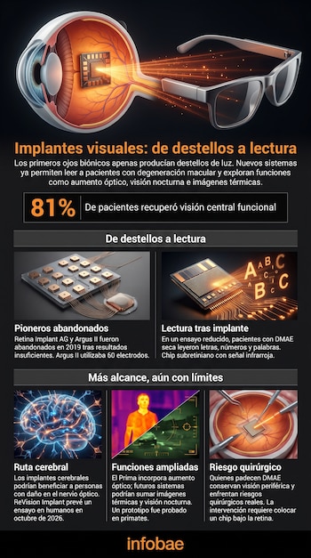Infografía con diagramas de un ojo conectado a unas gafas, microchips, un cerebro iluminado, una vista térmica y una microcirugía ocular.