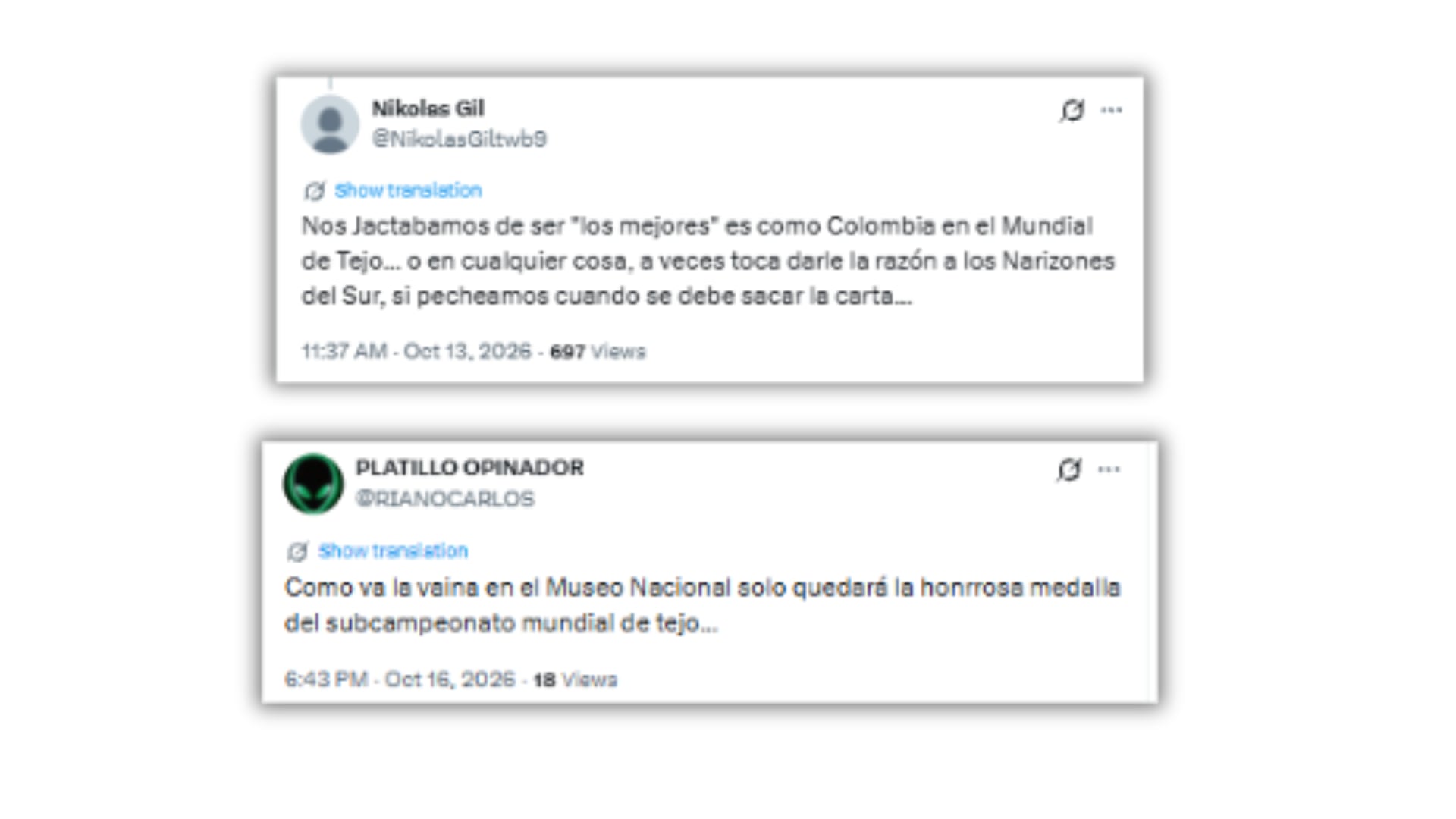 En redes sociales aún se leen críticas por el puesto de Colombia en el Mundial del Tejo - crédito @RIANOCARLOS/X