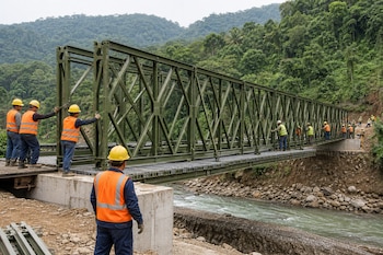 Obreros con chalecos reflectantes y cascos ensamblan una estructura metálica de color verde sobre las bases de un puente junto a un río.