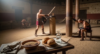 Un gladiador entrena con espada de madera frente a un poste. Otro gladiador descansa. Sobre una mesa hay un cuenco con cebada y legumbres, pan y una jarra de agua.