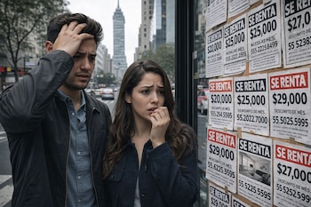 Un hombre y una mujer de expresión preocupada miran carteles de 'Se Renta' con precios elevados en Ciudad de México, con la Torre Latinoamericana al fondo.