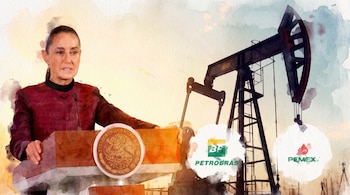 Mujer en podio con micrófono, emblema de México, bomba de extracción de petróleo, logos de Petrobras y Pemex, composición en acuarela.