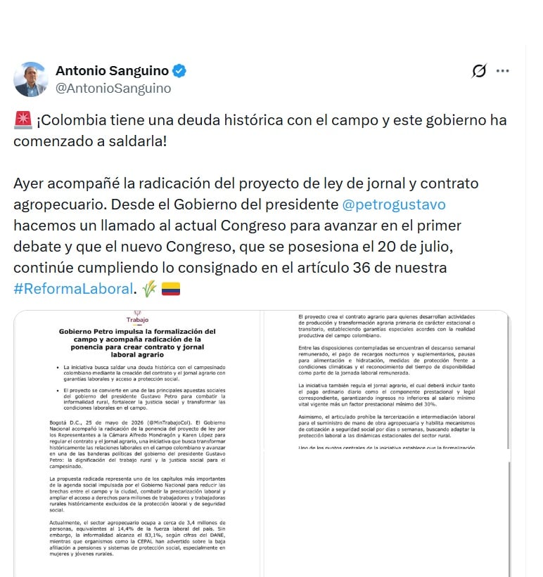 Antonios Sanguino, ministro del Trabajo, confirmó que el Gobierno Petro apoya la creación del contrato agrario para formalizar el trabajo rural - crédito @AntonioSanguino/X