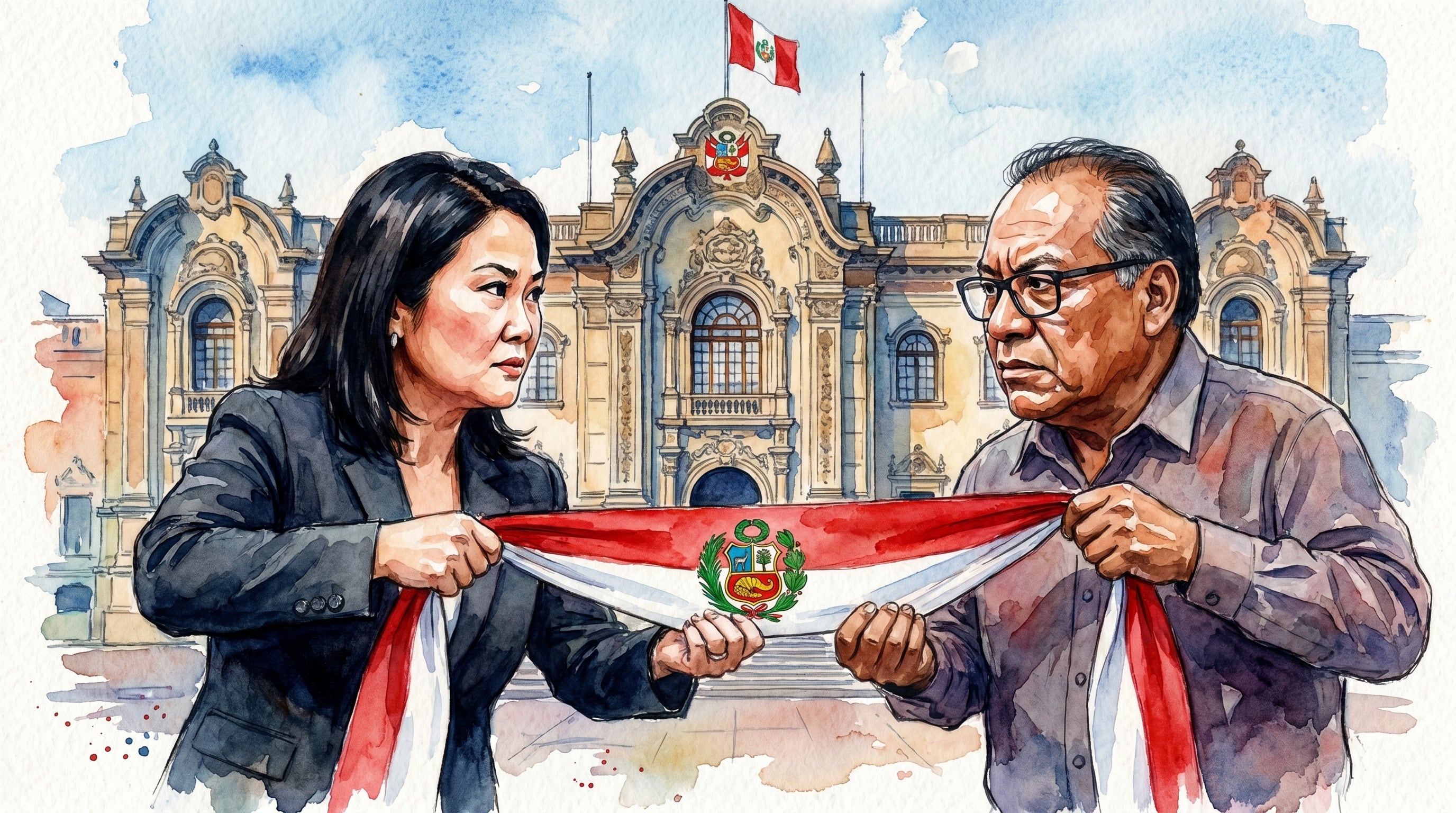 Una ilustración acuarela muestra a Keiko Fujimori y Roberto Sánchez tirando de la banda presidencial peruana, con el Palacio de Gobierno de Perú de fondo, simbolizando una confrontación política. (Imagen Ilustrativa Infobae)