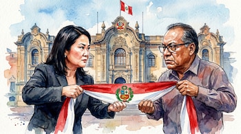 Ilustración acuarela de Keiko Fujimori y Roberto Sánchez tirando de una banda presidencial. El Palacio de Gobierno de Perú se ve al fondo.
