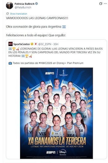 Captura de pantalla de un mensaje en X de Patricia Bullrich junto a un afiche con integrantes de la selección argentina de hockey sobre césped