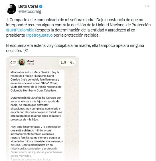 Beto Coral anunció que no acudirá a ninguna vía de apelación y su madre difundió un comunicado en el que vincula la medida con un contexto de amenazas contra su familia - crédito @Betocoralg/X