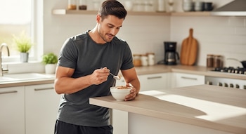 Hombre en camiseta gris y pantalones cortos oscuros parado en una cocina, comiendo yogur griego con granola de un tazón blanco. Se ve luz natural.