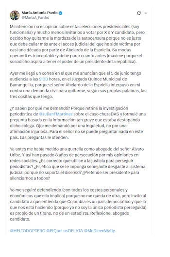 María Antonia Pardo denunció persecución de Abelardo de la Espriella