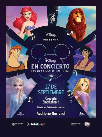 Cartel promocional con silueta de Mickey Mouse y personajes de Disney como Ariel, Simba, Hércules, Aladdín, Elsa y Rapunzel