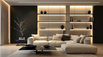 Una sala de estar contemporánea con un sofá seccional beige, una mesa de centro negra, y una pared oscura con estanterías retroiluminadas llenas de objetos decorativos.