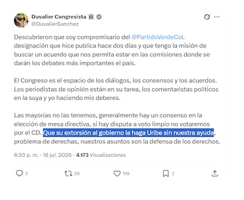 Duvalier Sánchez y su posición frente a la elección del presidente del Congreso