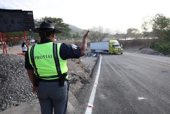 Una persona con chaleco fosforescente de Provial hace señas de tránsito junto a una carretera por la que circula un camión amarillo