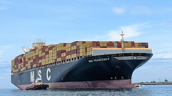 El portacontenedores MSC Francesca, con bandera de Panamá, fue alcanzado por disparos, aunque no reportó daños ni heridos en su tripulación. Tomada de www.vesselfinder.com