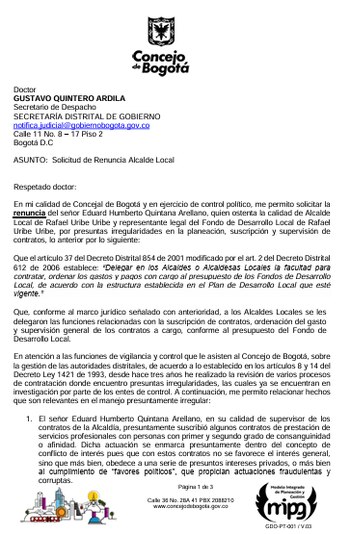 Solicitud de renuncia formal del