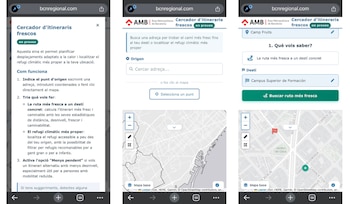 Tres capturas de pantalla de una aplicación web para encontrar rutas frescas o refugios climáticos, con mapas y campos de entrada de datos
