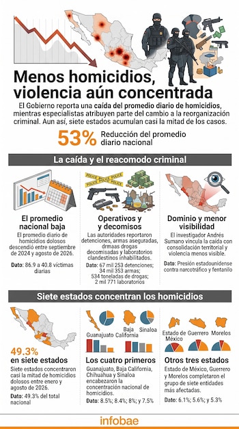 Infografía con el mapa de México, gráficos estadísticos e ilustraciones de agentes policiales, armas de fuego y paquetes de drogas.