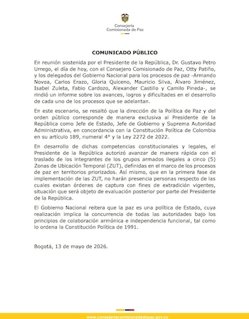 El Gobierno informó que la implementación de las ZUT avanzará sin presencia de personas con órdenes de extradición vigentes en su fase inicial. - crédito @ComisionadoPaz/X