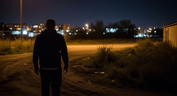 Hombre de espaldas en una calle de tierra de noche. Hay vegetación baja a los lados, un poste de luz, y edificaciones con luces encendidas al fondo.