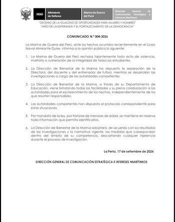 Documento oficial del Ministerio de Defensa y la Marina de Guerra del Perú con un comunicado institucional impreso en hoja blanca