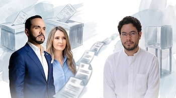 Composición con Abelardo y Paloma a la izquierda, Cepeda a la derecha, con un fondo artístico de urnas, cabinas de votación y documentos.