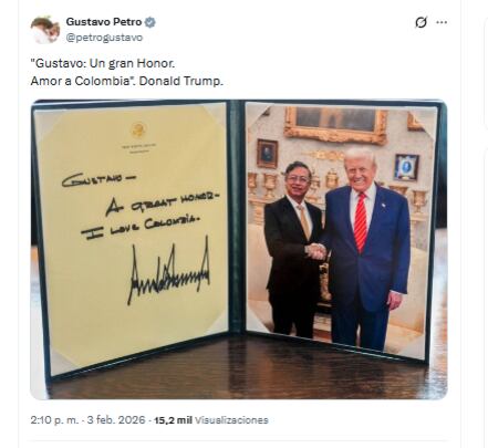 El presidente Gustavo Petro compartió un mensaje que recibió del presidente Trump - crédito @petrogustavo/X