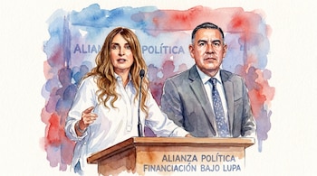 Ilustración acuarela de Paloma Valencia en un podio con micrófono y Wilmer Carrillo a su lado. De fondo, el texto 'ALIANZA POLÍTICA' y 'FINANCIACIÓN BAJO LUPA'.