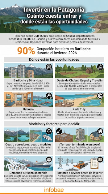 Infografía ilustrada con secciones de precios, mapas y gráficos sobre propiedades en la Patagonia argentina, con el logotipo de Infobae.